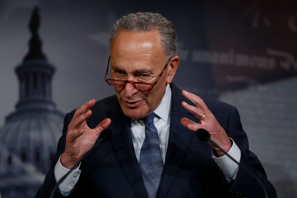 PHOTO: Democratic leader Sen. Chuck Schumer, D-N.Y., talks to reporters about the impeachment trial of President Donald Trump on charges of abuse of power and obstruction of Congress, at the Capitol in Washington, Thursday, Jan. 16, 2020.
