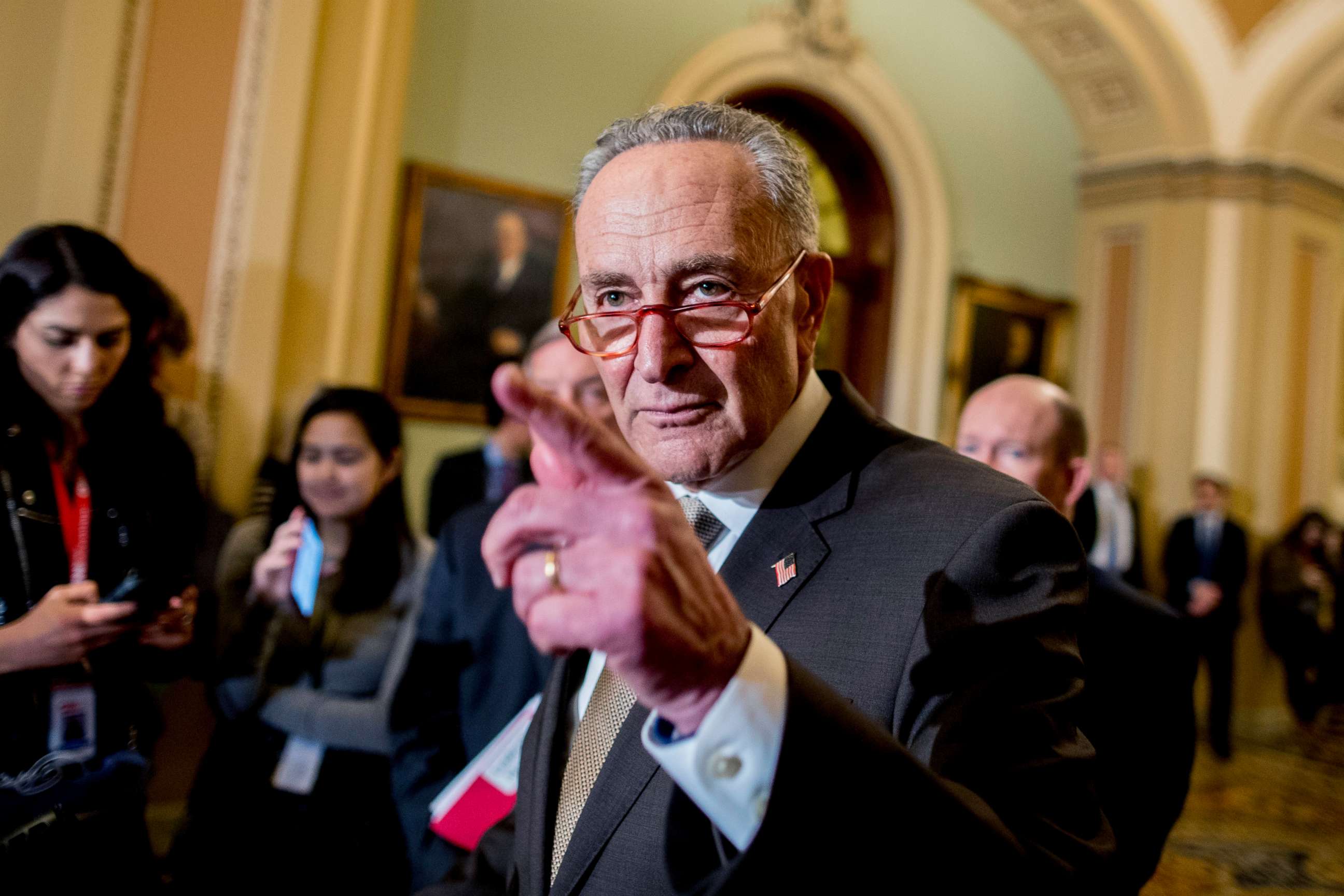 PHOTO: Senate Minority Leader Sen. Chuck Schumer of N.Y., calls on a reporter during a news conference, Tuesday, Dec. 10, 2019, on Capitol Hill in Washington. 
