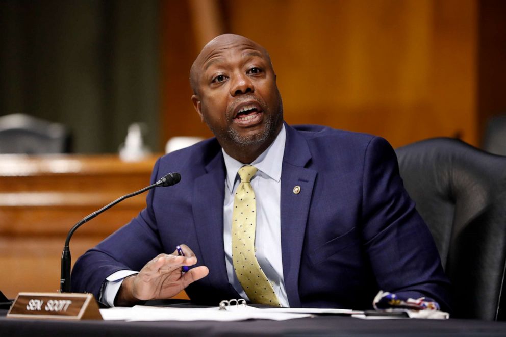 PHOTO: Sen. Tim Scott speaks during a Senate Health Education Labor and Pensions Committee hearing on new coronavirus tests on Capitol Hill May 7, 2020 in Washington DC.
