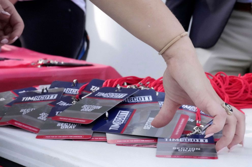 A campaign staffer organizers credentials for the presidential campaign launch of Sen. Tim Scott. Scott formalized his campaign last week and held an official announcement event at , Charleston Southern University, May 22, 2023, in North Charleston, S.C.