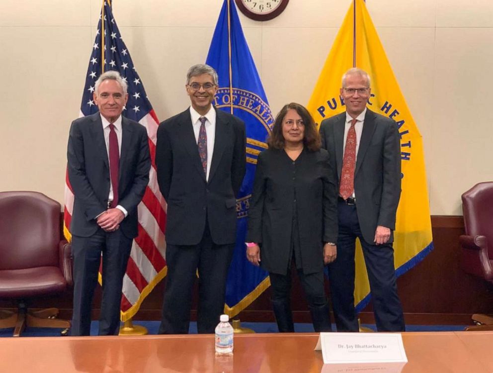 PHOTO: White House adviser Dr. Scott Atlas, left, met with U.S. Health and Human Services Secretary Alex Azar, not pictured, and three researchers who support ideas associated with the concept of "herd immunity," on Oct. 5, 2020. 