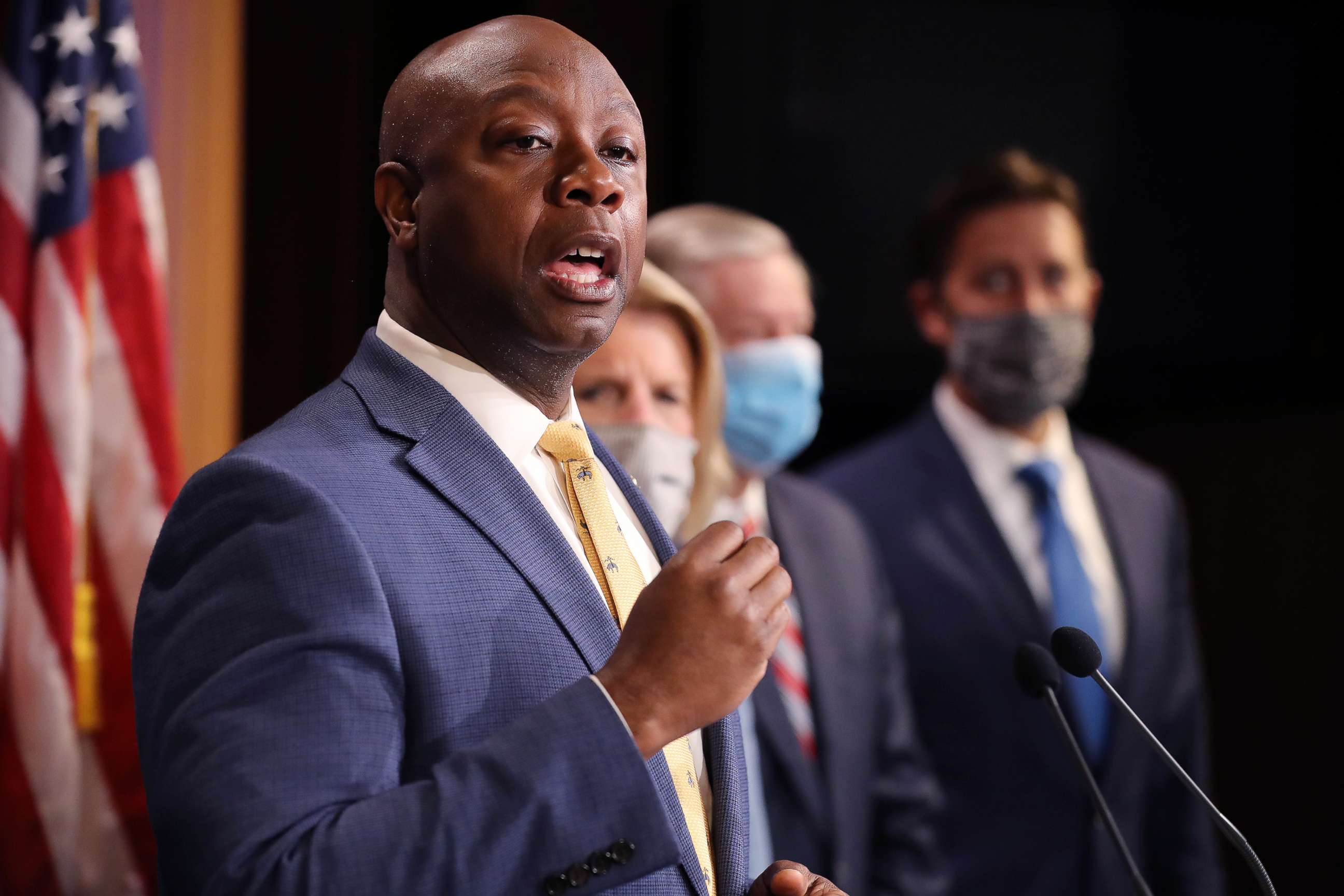 PHOTO:Sen. Tim Scott is joined by fellow Republican lawmakers for a news conference to unveil the GOP's legislation to address racial disparities in law enforcement at the U.S. Capitol, June 17, 2020, in Washington, D.C.