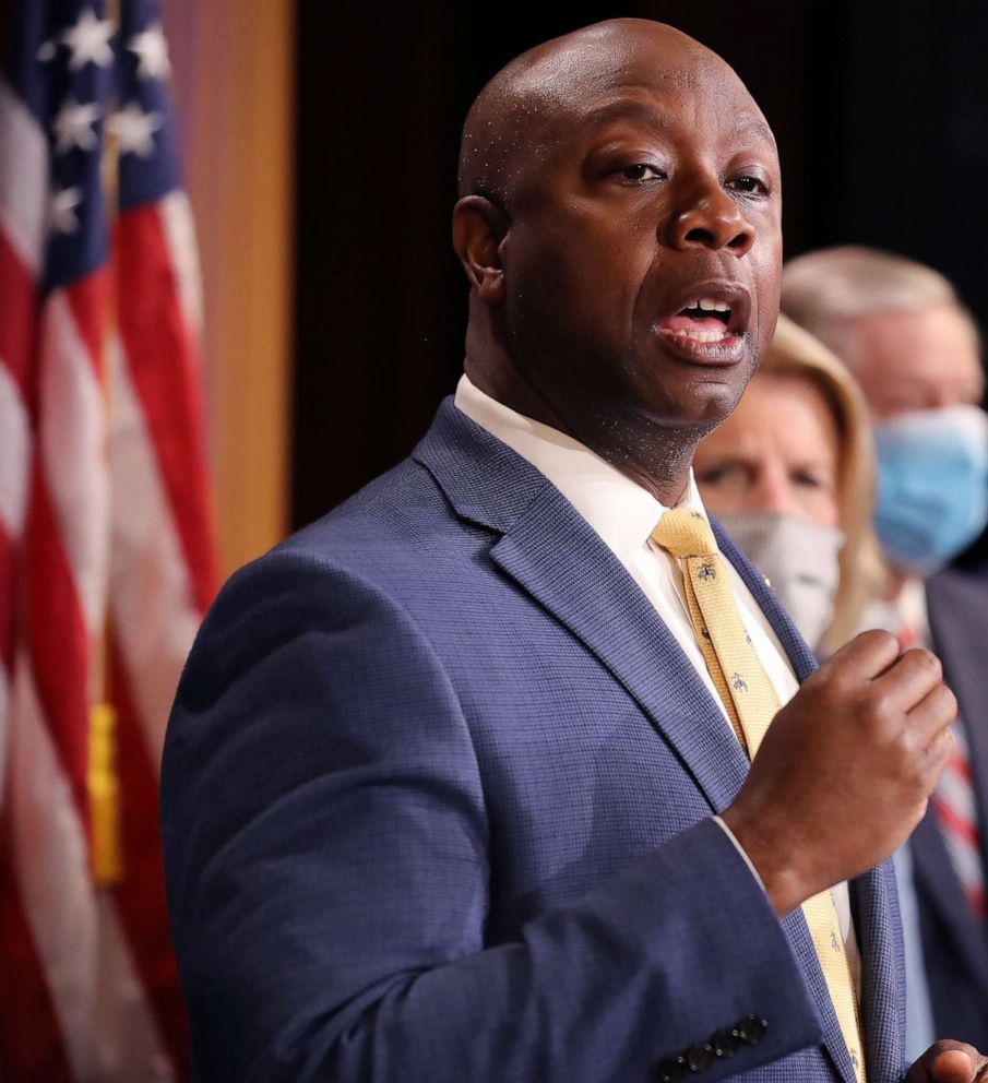 PHOTO:Sen. Tim Scott is joined by fellow Republican lawmakers for a news conference to unveil the GOP's legislation to address racial disparities in law enforcement at the U.S. Capitol, June 17, 2020, in Washington, D.C.