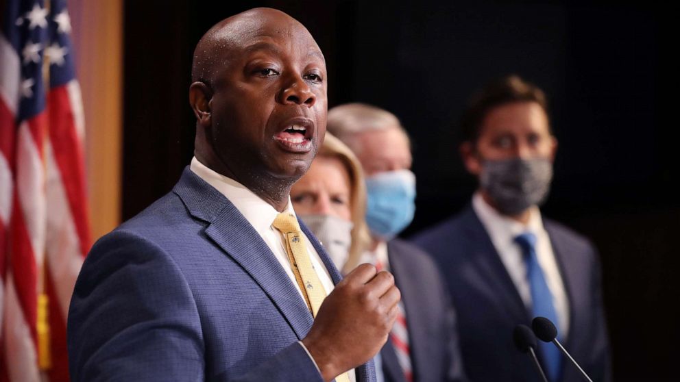 PHOTO: Sen. Tim Scott is joined by fellow Republican lawmakers for a news conference to unveil the GOP's legislation to address racial disparities in law enforcement at the U.S. Capitol, June 17, 2020, in Washington, D.C.