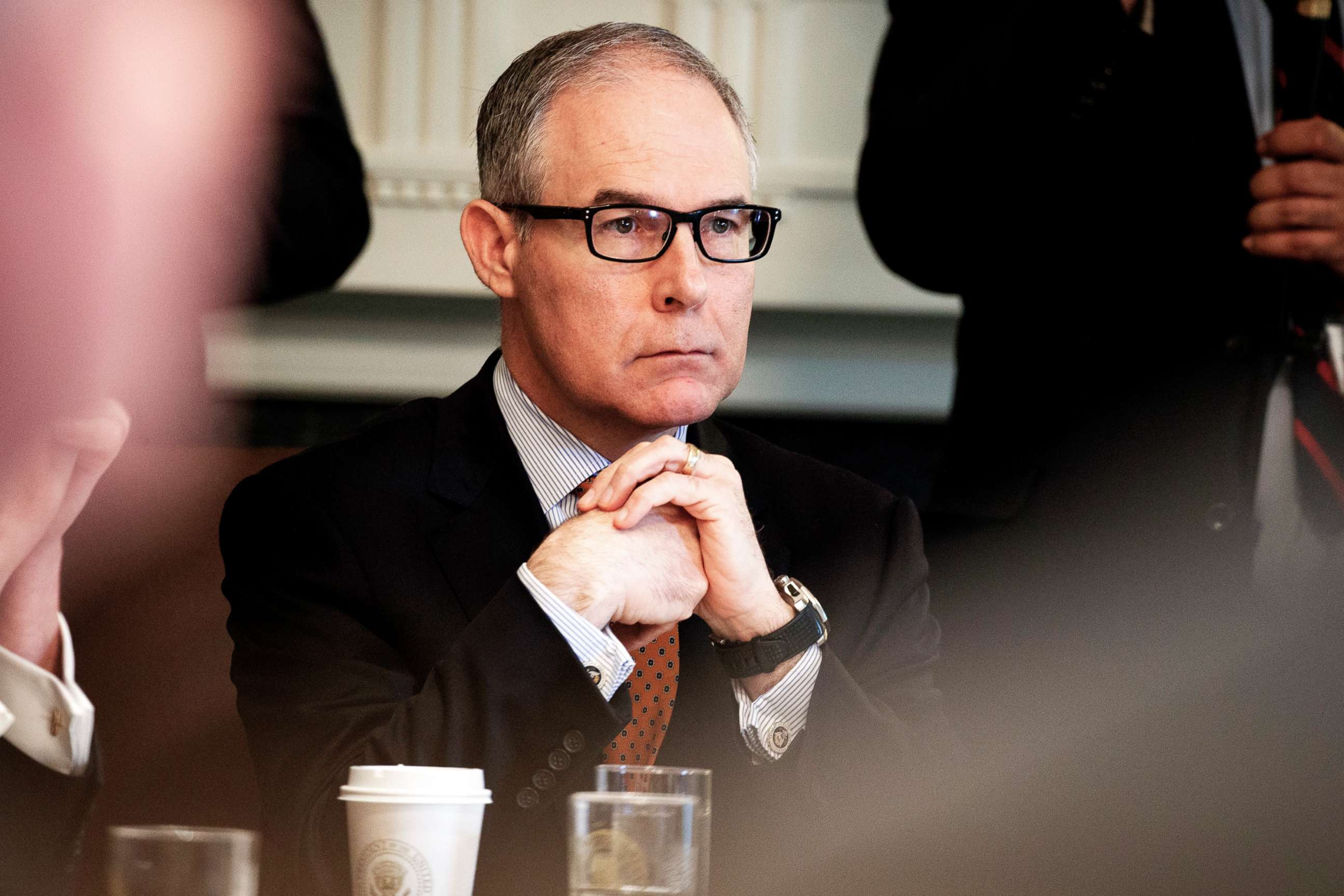 PHOTO: Environmental Protection Agency administrator Scott Pruitt listens as President Donald Trump speaks during a cabinet meeting at the White House, on June 21, 2018.