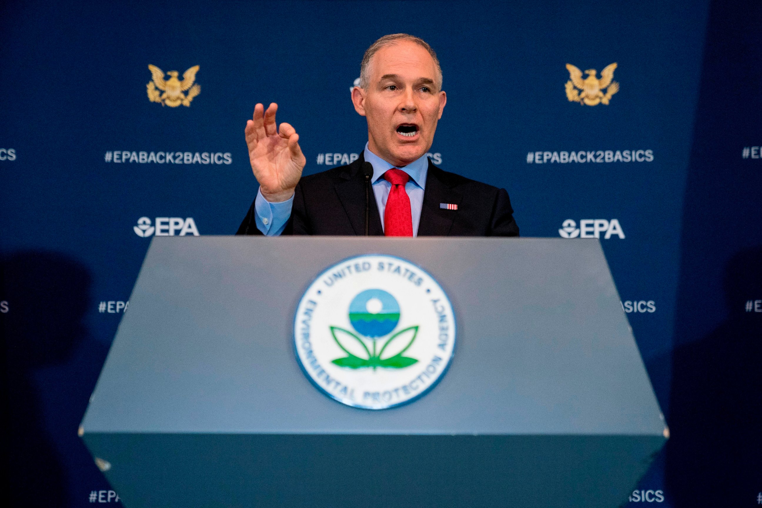 In this April 3, 2018, file photo, Environmental Protection Agency Administrator Scott Pruitt speaks at a news conference at the EPA in Washington.