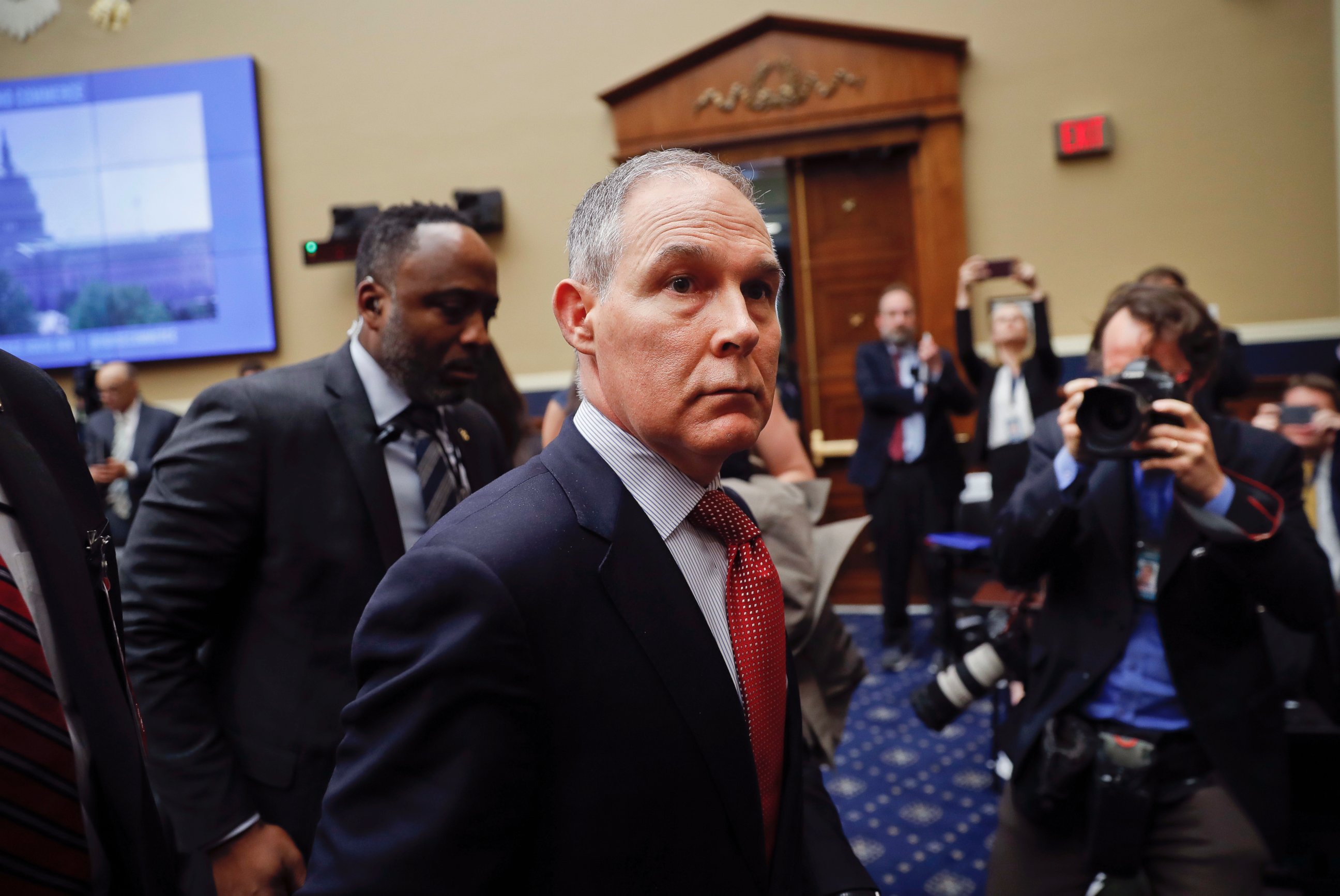 Environmental Protection Agency Administrator Scott Pruitt leaves after testifying before the House Energy and Commerce subcommittee hearing on Capitol Hill in Washington, Thursday, April 26, 2018.