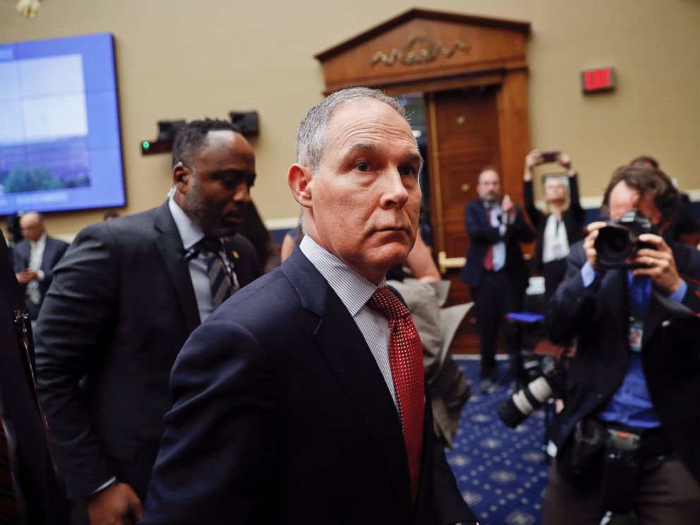 Environmental Protection Agency Administrator Scott Pruitt leaves after testifying before the House Energy and Commerce subcommittee hearing on Capitol Hill in Washington, Thursday, April 26, 2018.
