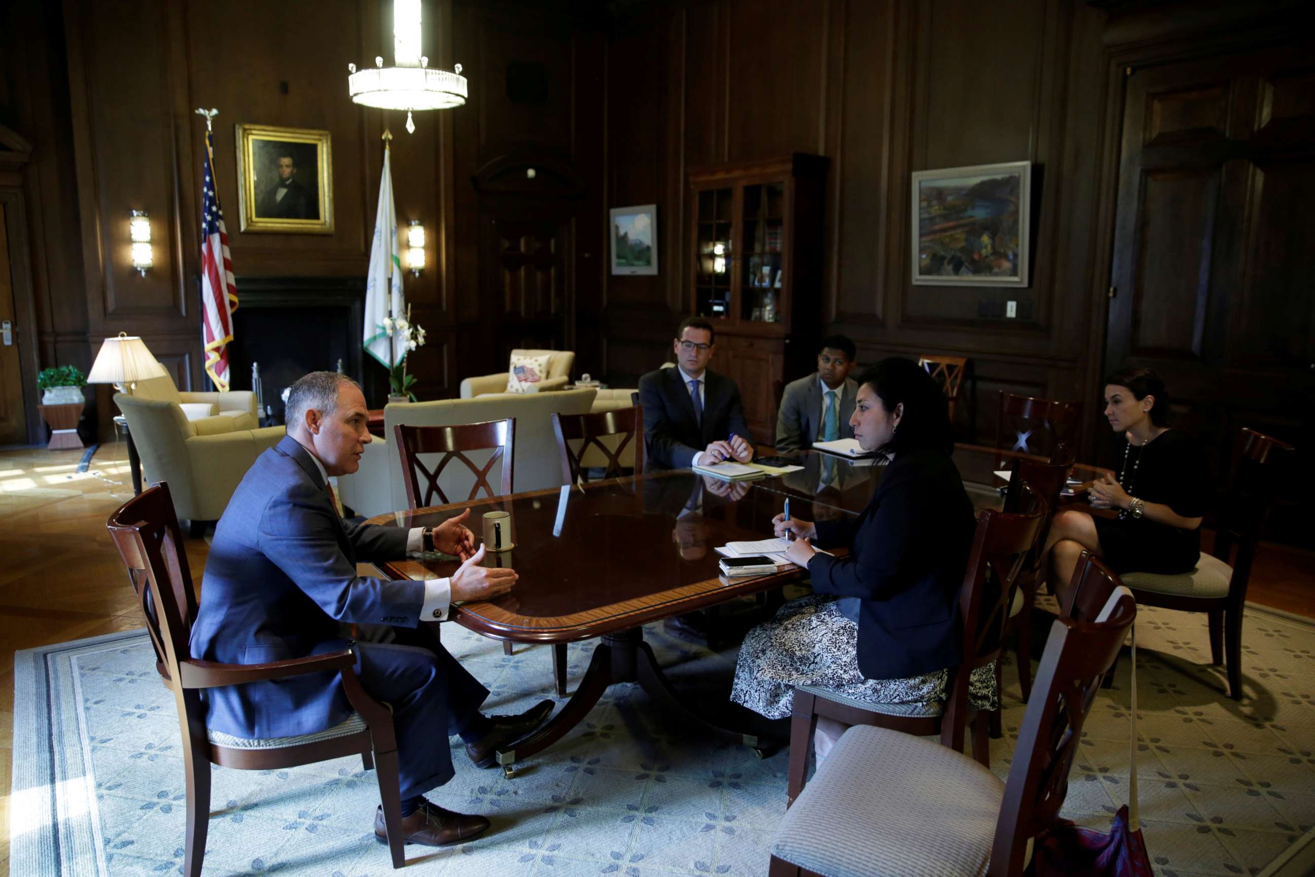 PHOTO: Environmental Protection Agency Administrator Scott Pruitt speaks during an interview with reporters at his office in Washington, July 10, 2017.