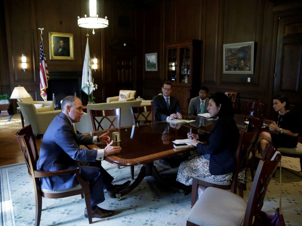 PHOTO: Environmental Protection Agency Administrator Scott Pruitt speaks during an interview with reporters at his office in Washington, July 10, 2017.