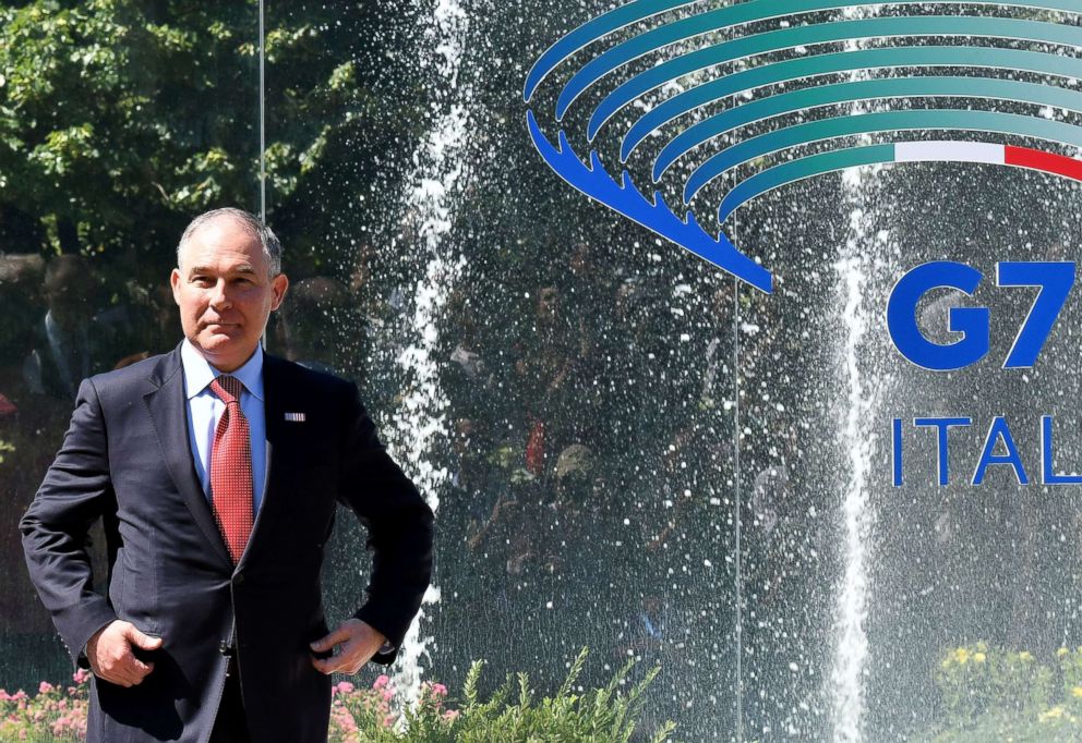 PHOTO: Environmental Protection Agency Administrator Scott Pruitt prepares to pose for a group photo during the G7 Environment summit, June 11, 2017, in Bologna.