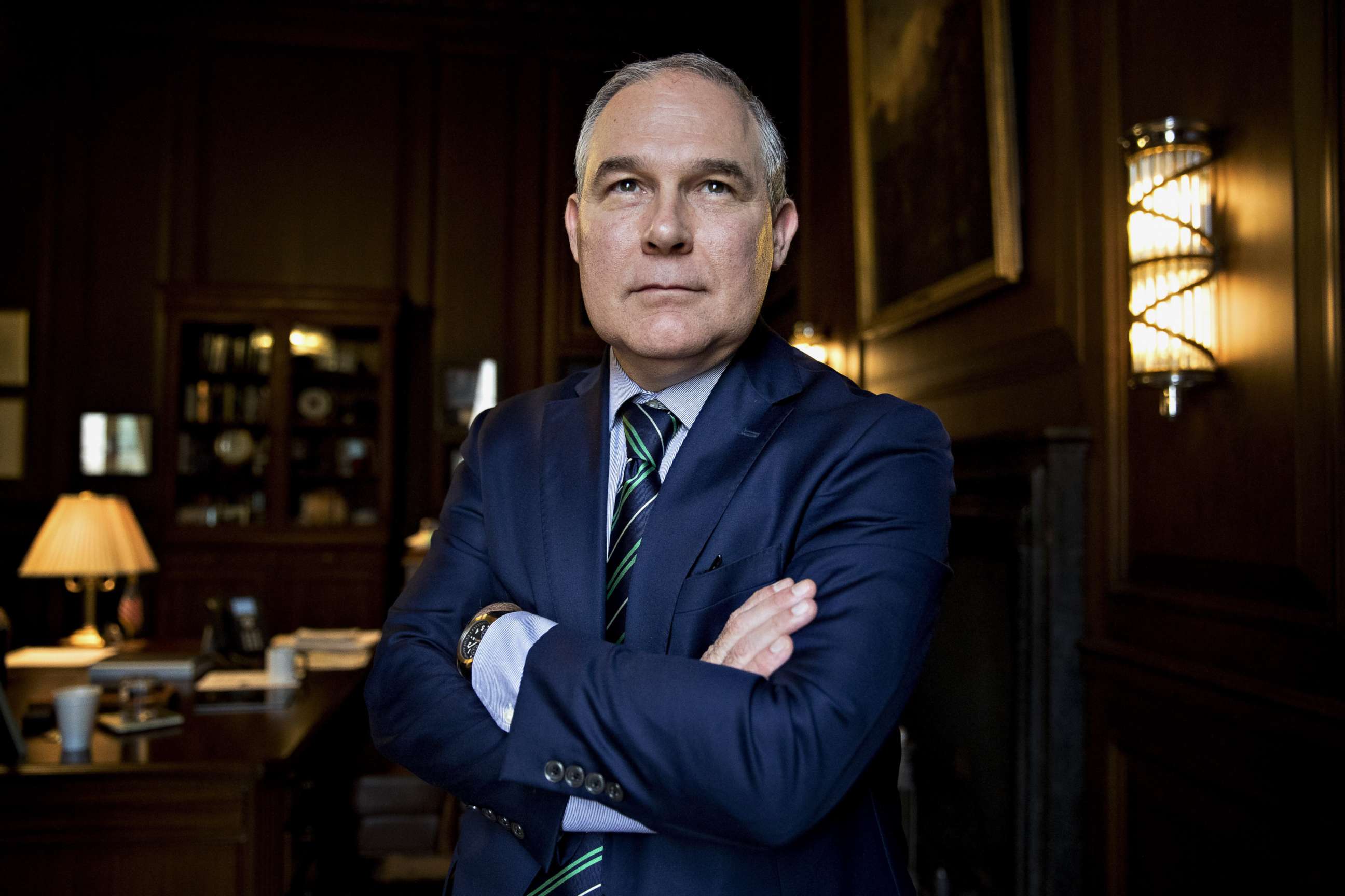 PHOTO: Scott Pruitt, administrator of the Environmental Protection Agency (EPA), stands for a photograph after an interview in his office at the EPA headquarters in Washington, Oct. 25, 2017. 