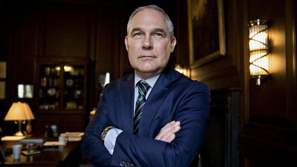 PHOTO: Scott Pruitt, administrator of the Environmental Protection Agency (EPA), stands for a photograph after an interview in his office at the EPA headquarters in Washington, Oct. 25, 2017. 