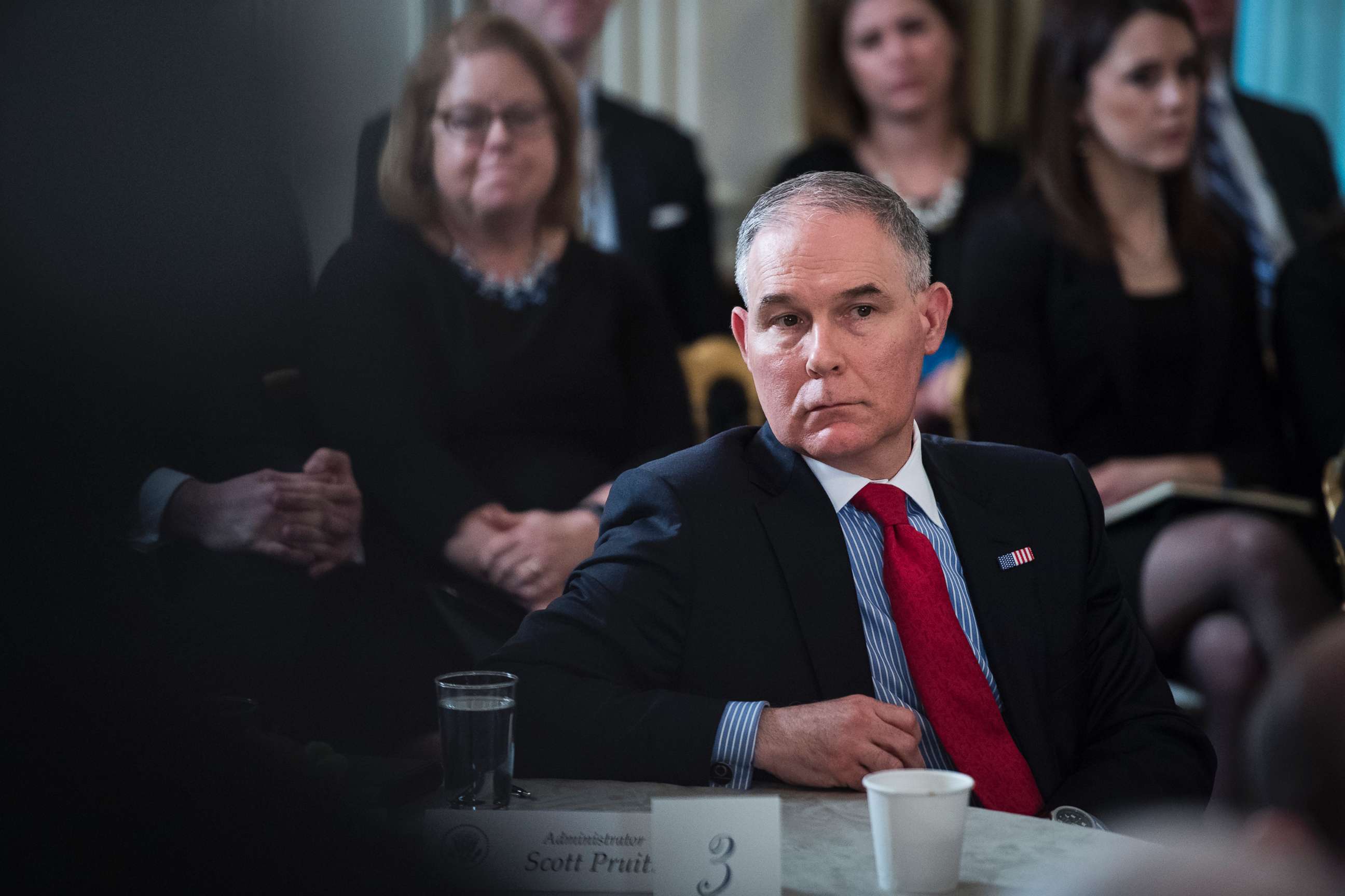 PHOTO: Environmental Protection Agency Administrator Scott Pruitt listens as President Donald Trump speaks during a meeting at the White House in Washington, D.C., Feb. 26, 2018.