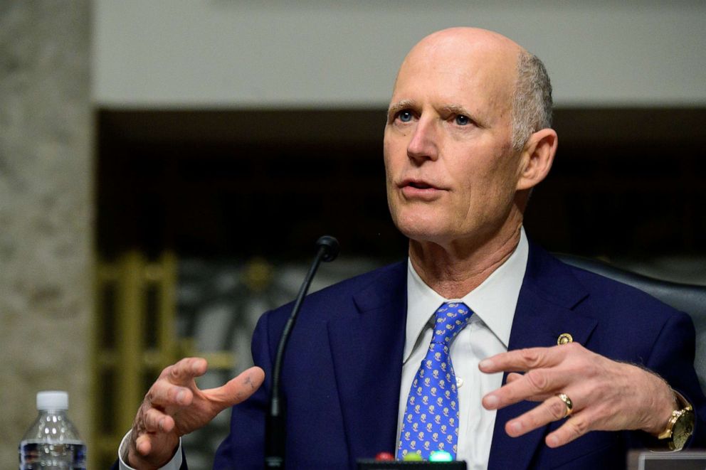 PHOTO: Sen. Rick Scott, R-Fla., speaks during a Senate Homeland Security and Governmental Affairs and Senate Rules and Administration committees joint hearing on Capitol Hill, Feb. 23, 2021, to examine the January 6th attack on the Capitol. 