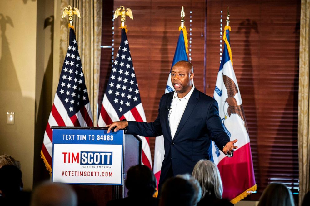PHOTO: Sen. Tim Scott speaks during the Five Seasons Republican Women's Group Dinner, April 12, 2023, at the Cedar Rapids Country Club in Cedar Rapids, Iowa.