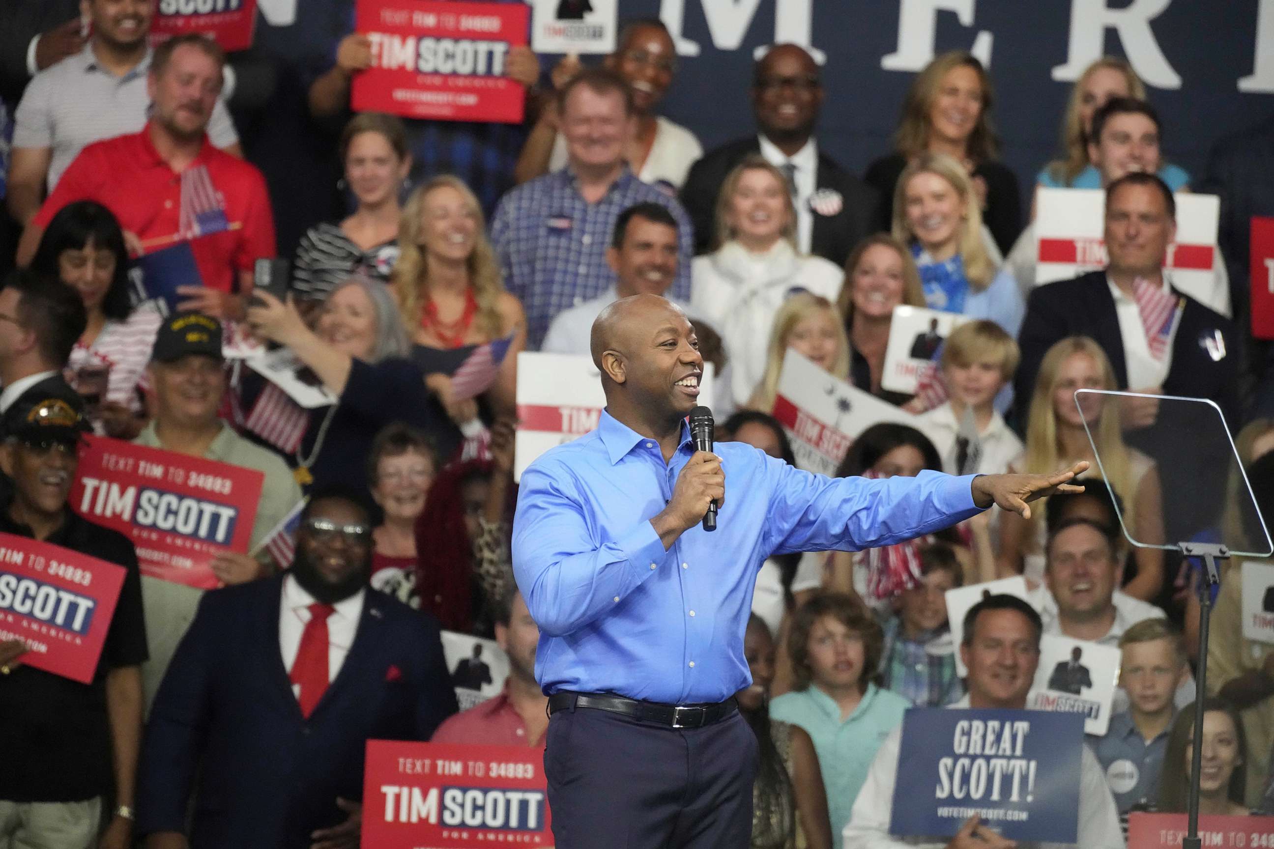 PHOTO: Sen. Tim Scott gives remarks at his presidential campaign announcement event at his alma mater, Charleston Southern University, May 22, 2023, in North Charleston, S.C.