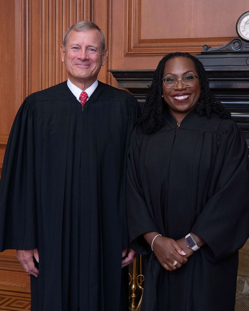 PHOTO: Associate Justice Ketanji Brown Jackson stands with Chief Justice John G. Roberts, Jr., before the Supreme Court holds a special sitting for its official investiture ceremony, Sept. 30, 2022, in Washington, D.C. DC