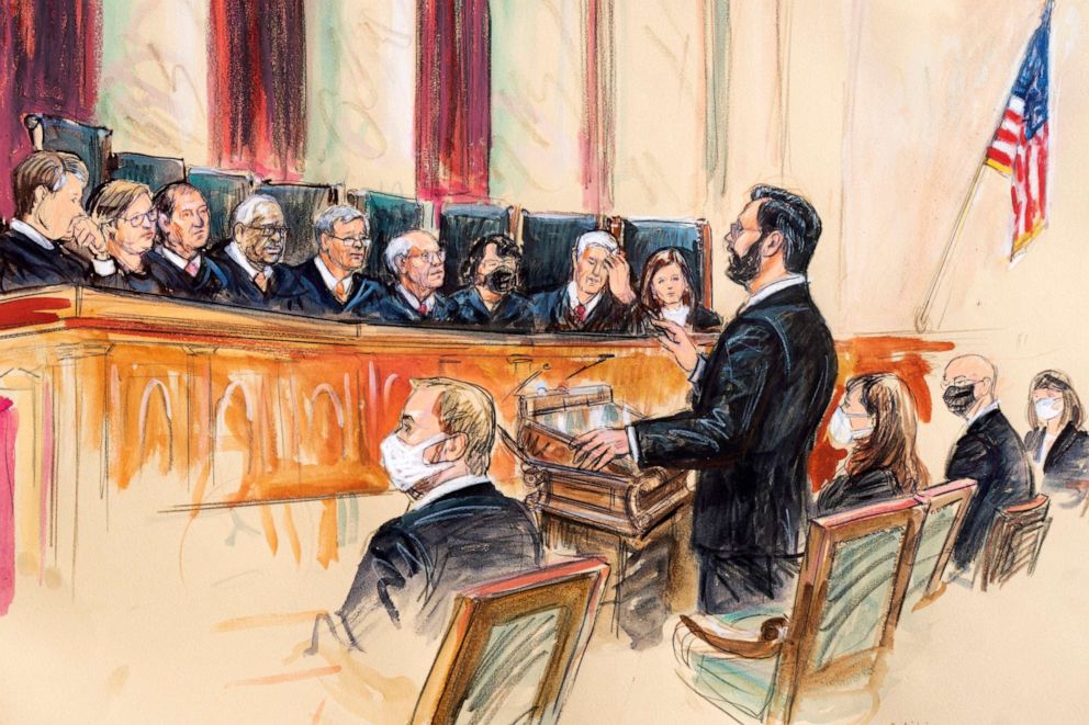 PHOTO: This artist sketch depicts Marc Hearron, petitioner for Whole Woman's Health, standing while speaking to the Supreme Court, Nov. 1, 2021, in Washington.