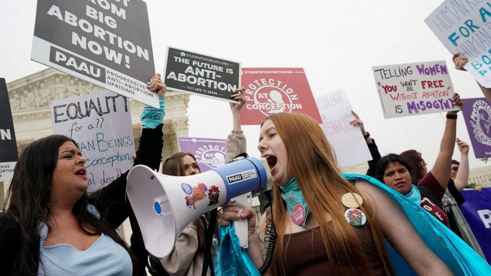 PHOTO: Anti-abortion demonstrators protest outside the Supreme Court after the leak of a draft majority opinion preparing for the court to overturn the landmark Roe v. Wade abortion rights decision later this year, in Washington, D.C., May 3, 2022.