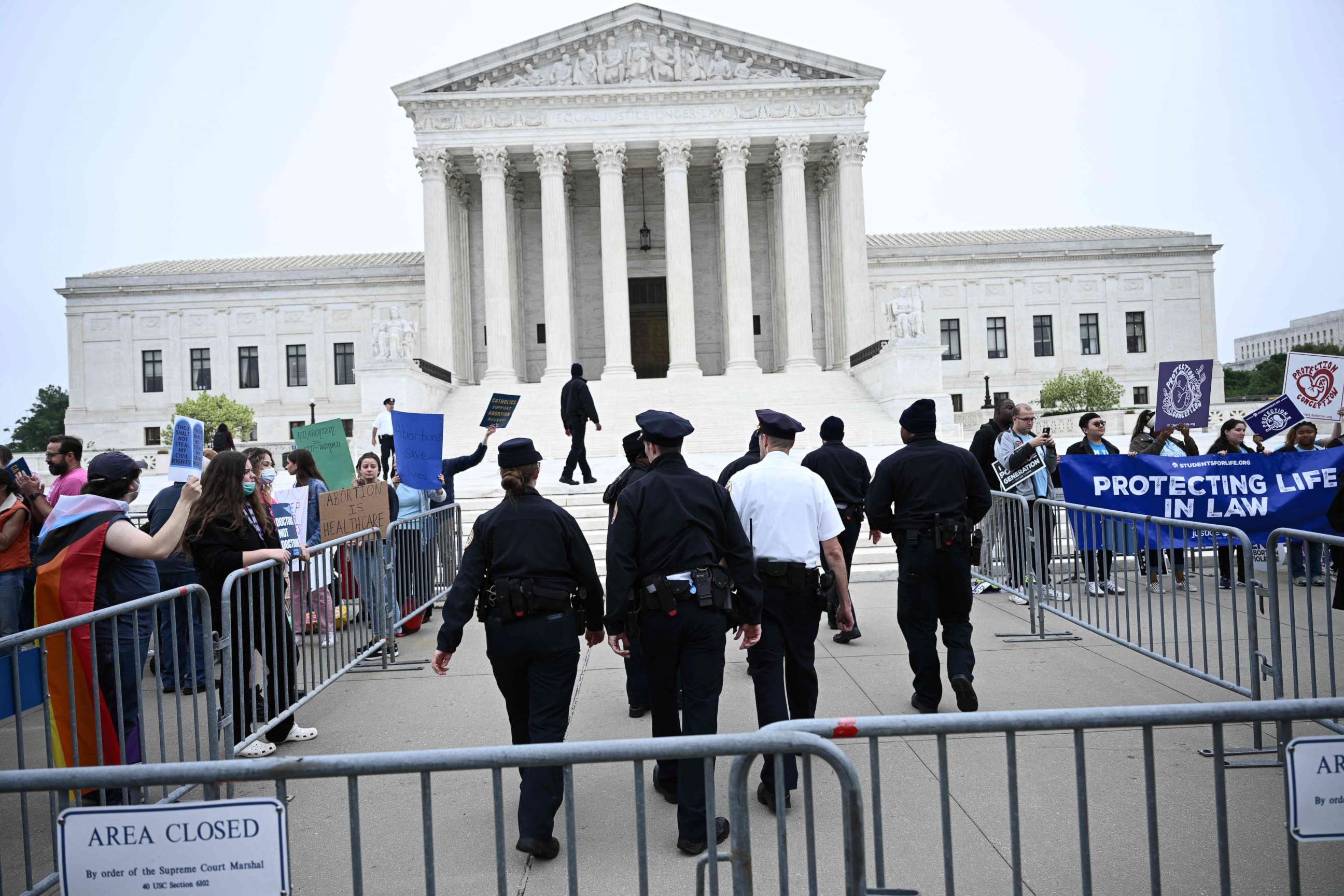 PHOTO:Pro-life and pro-choice demonstrators gather in front of the U.S. Supreme Court in Washington, D.C., on May 3, 2022.