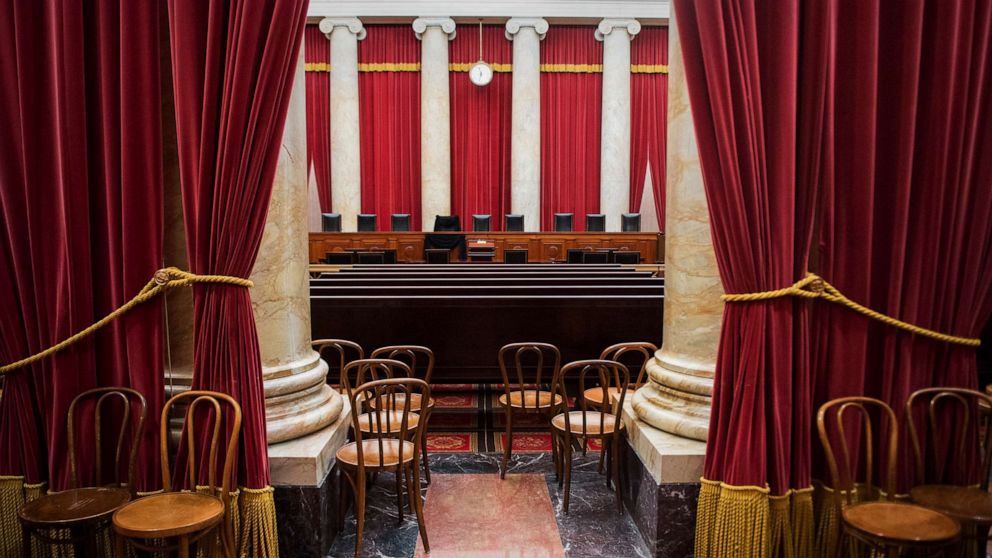 PHOTO: The nine chairs for justices of the Supreme Court with Justice Antonin Scalia's seat draped in black, Feb. 16, 2016, following his death on Feb. 13, 2016.