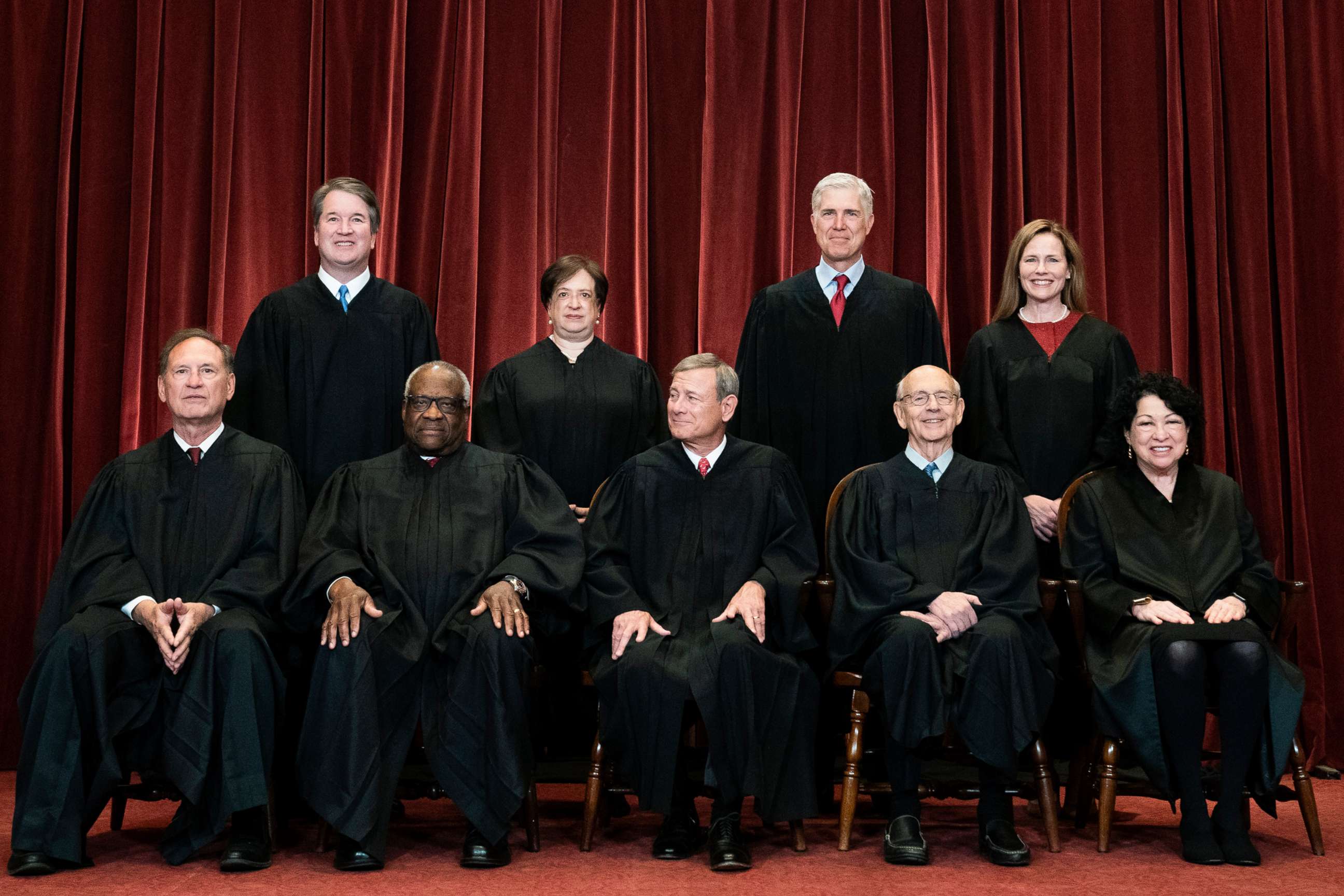 PHOTO: Members of the Supreme Court pose for a group photo at the Supreme Court in Washington, D.C., April 23, 2021.
