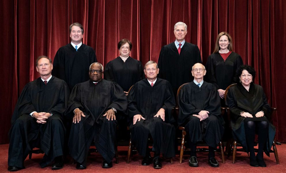 PHOTO: Members of the Supreme Court pose for a group photo at the Supreme Court in Washington, D.C., April 23, 2021.