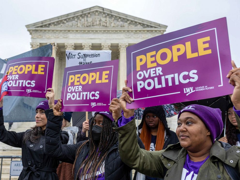 PHOTO: Demonstrators protest during a No Lawless Lawmakers rally at the Supreme Court during oral arguments in Moore v. Harper on Dec. 7, 2022 in Washington, DC.