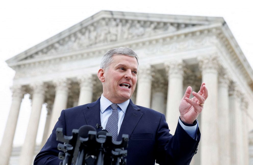 PHOTO: North Carolina Attorney General Josh Stein speaks to the media outside of the United States Supreme Court following oral arguments in Moore v. Harper, a Republican-backed appeal to curb judicial oversight of elections, in Washington, Dec. 7, 2022.
