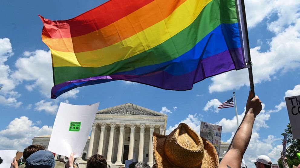 PHOTO: An abortion rights demonstrator waves a Pride flag during a rally in front of the US Supreme Court in Washington, DC, on June 25, 2022.