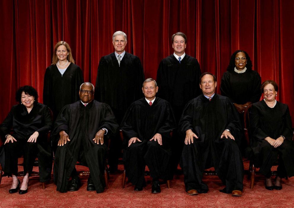 PHOTO: U.S. Supreme Court justices pose for a group portrait at the Supreme Court, Oct. 7, 2022, in Washington. 