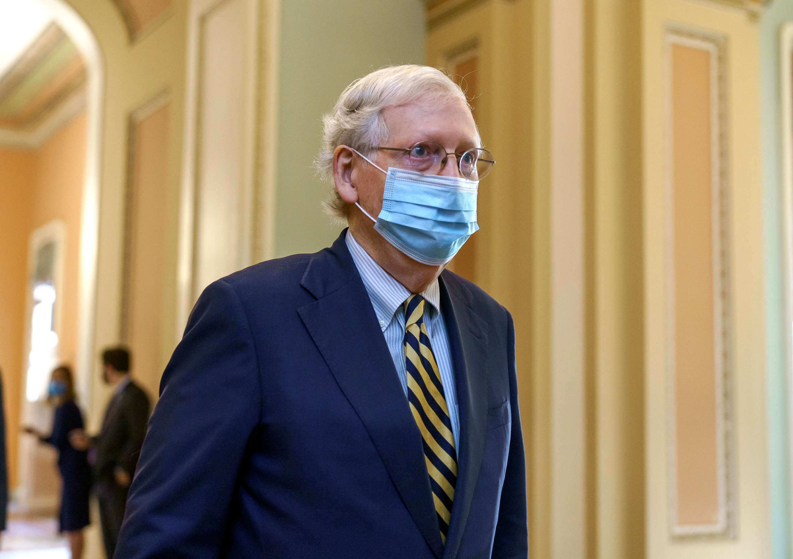 PHOTO: Senate Majority Leader Mitch McConnell walks to the chamber to speak about the death of Supreme Court Justice Ruth Bader Ginsburg, at the Capitol in Washington,  Sept. 21, 2020. 