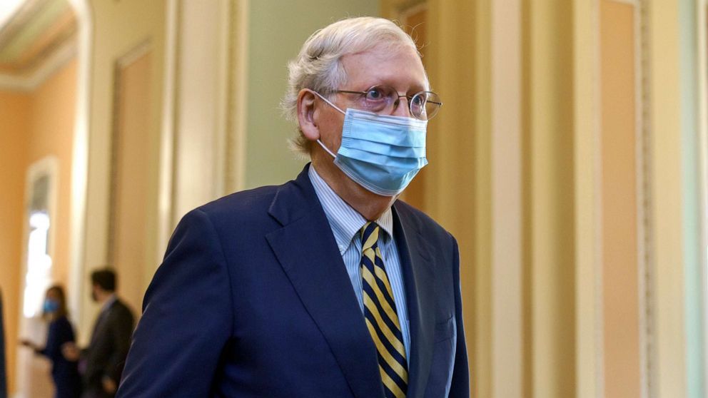 PHOTO: Senate Majority Leader Mitch McConnell walks to the chamber to speak about the death of Supreme Court Justice Ruth Bader Ginsburg, at the Capitol in Washington,  Sept. 21, 2020. 