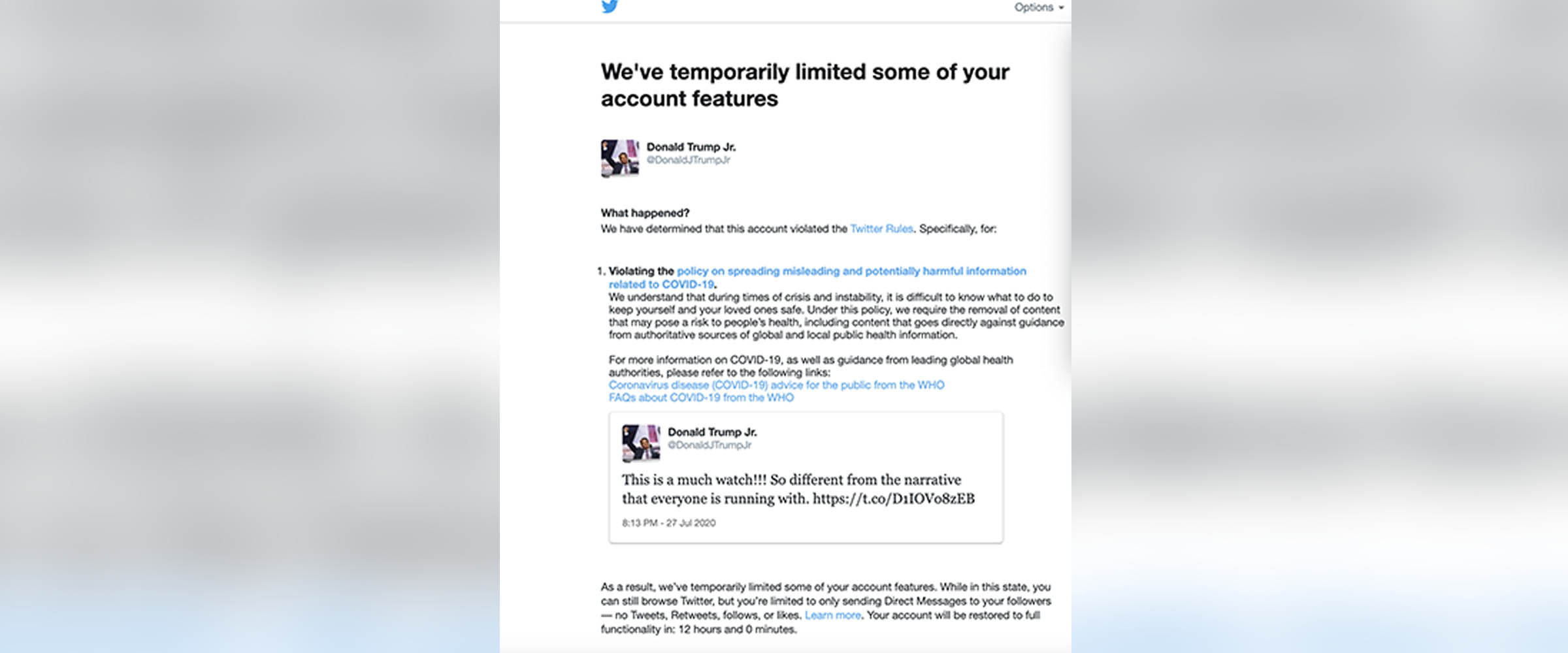 PHOTO: Twitter has temporarily limited Donald Trump Jr.'s account after he posted content that violated the company's policies on misinformation related to the coronavirus pandemic.