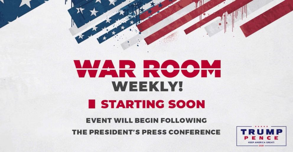 PHOTO: The Trump campaign puts up a banner ahead of a digital event while waiting for President Trump's White House briefings to end that reads: "Event will begin following the president's press conference."