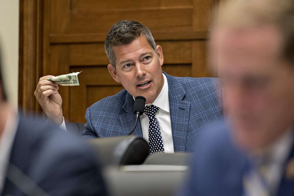 PHOTO: Rep. Sean Duffy, a Republican from Wisconsin, holds a $20 dollar bill during a House Financial Services Committee hearing in Washington, on July 17, 2019.