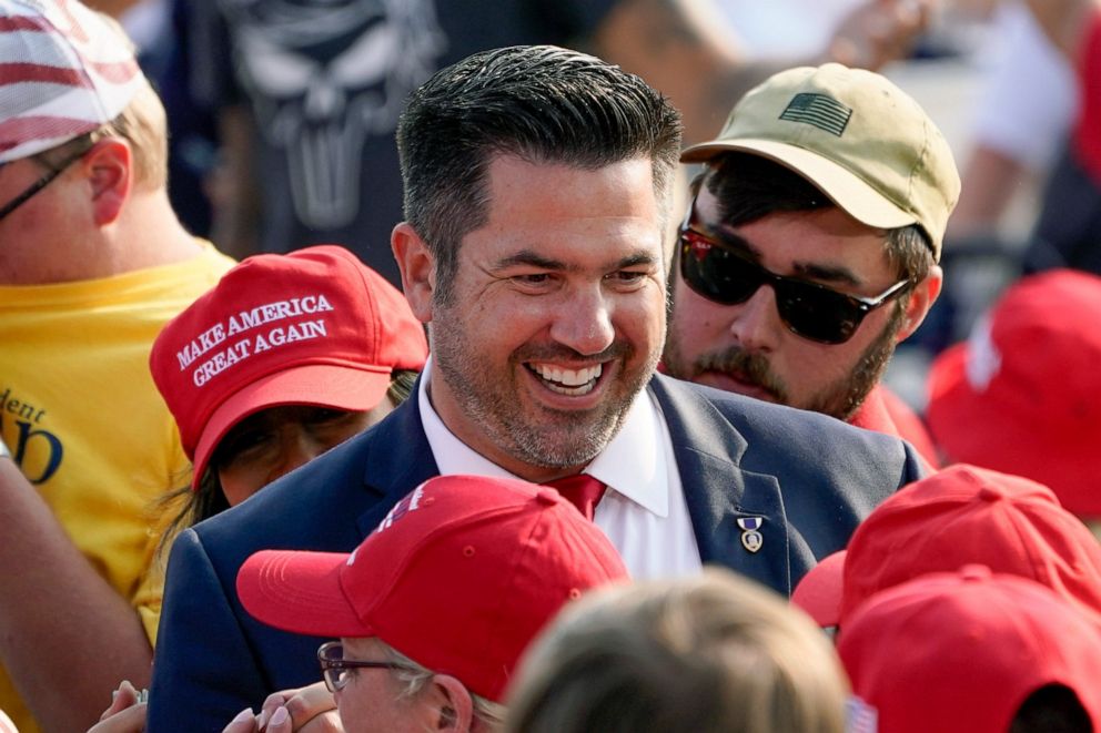 PHOTO: In this Sept. 22, 2020 file photo, Sean Parnell walks through people gathered at a campaign rally for President Donald Trump at the Pittsburgh International Airport in Moon Township, Pa.