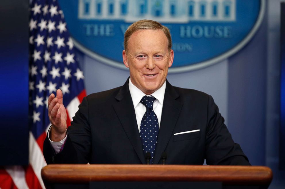 PHOTO: Then-White House press secretary Sean Spicer smiles as he answers a question during a briefing at the White House in Washington, DC, June 20, 2017.