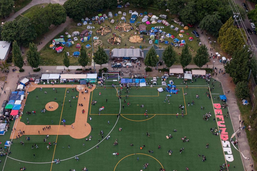 PHOTO: An aerial view of Cal Anderson Park is seen in the so-called "CHOP," an area that protesters have called both the "Capitol Hill Occupied Protest" and the "Capitol Hill Organized Protest, on June 14, 2020, in Seattle.