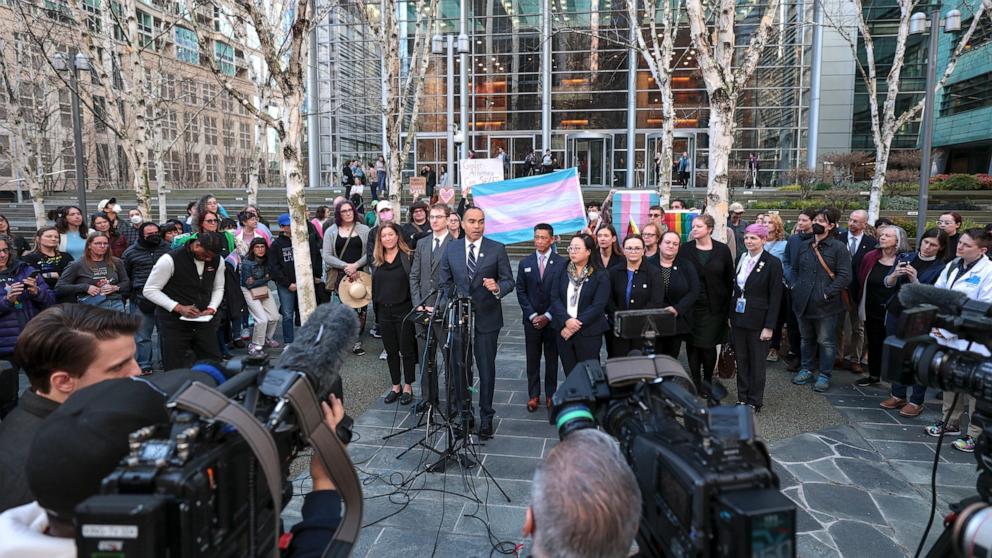 PHOTO: Washington State Attorney General Nick Brown speaks to the media and supporters outside the US District Court for the Western District of Washington in Seattle, Feb. 28, 2025.