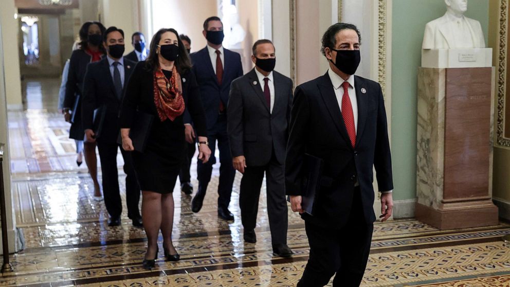 PHOTO: House impeachment managers led by Rep. Jamie Raskin arrive outside the Senate Chamber as the impeachment trial of former President Donald Trump begins on Capitol Hill in Washington, Feb. 9, 2021.