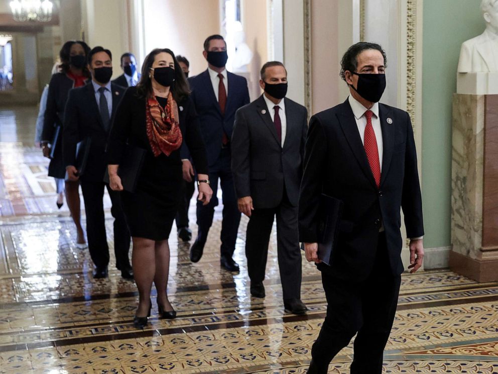 PHOTO: House impeachment managers led by Rep. Jamie Raskin arrive outside the Senate Chamber as the impeachment trial of former President Donald Trump begins on Capitol Hill in Washington, Feb. 9, 2021.