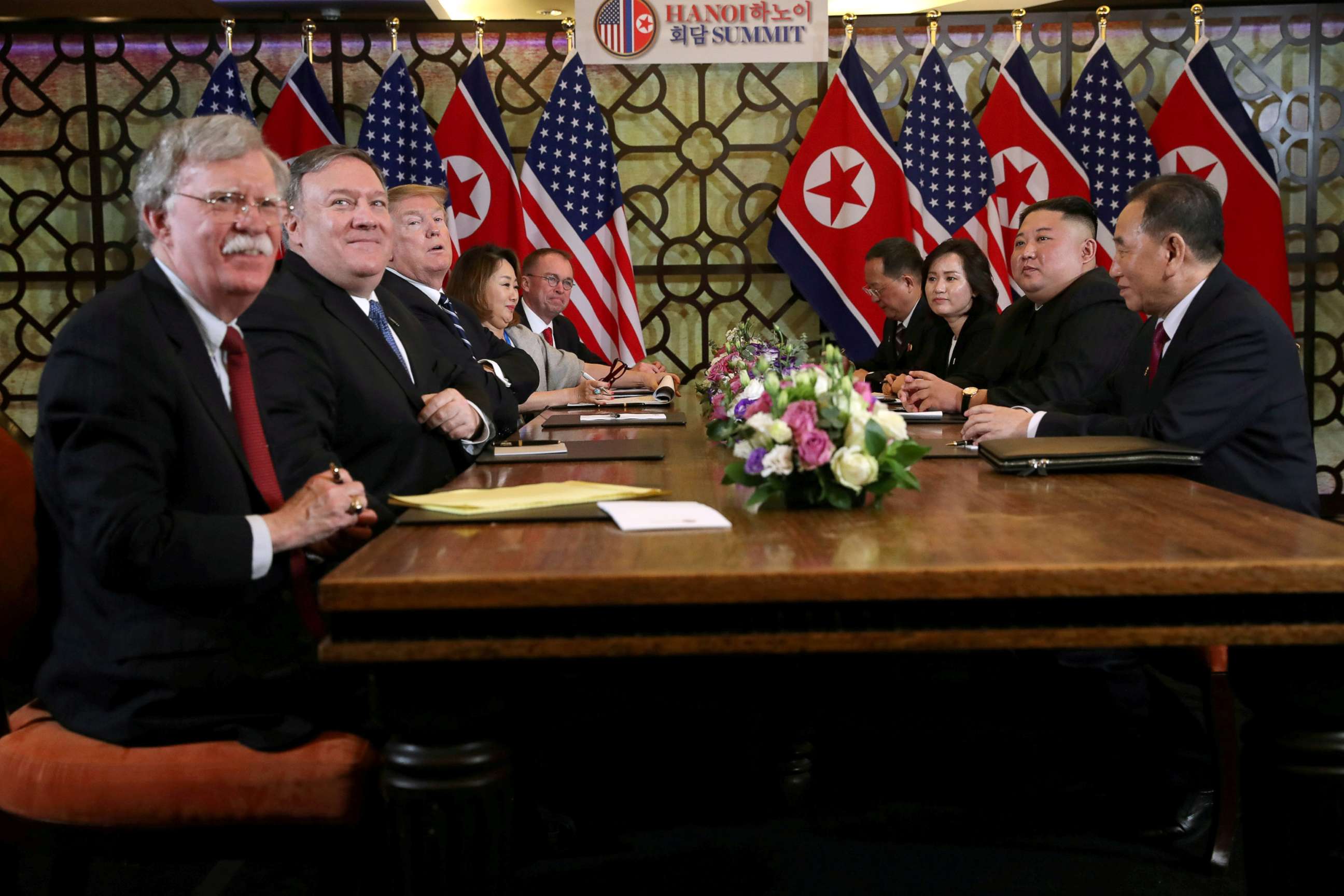 PHOTO: North Korea's leader Kim Jong Un and President Donald Trump meet along with Secretary of State Mike Pompeo, White House national security adviser John Bolton, right, during the second North Korea-U.S. summit in Hanoi, Vietnam, Feb. 28, 2019.