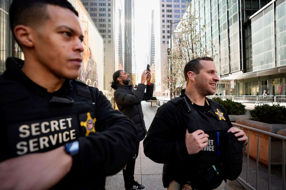 PHOTO: Members of the United States Secret Service stand outside Trump Tower, Monday, April 3, 2023, in New York.