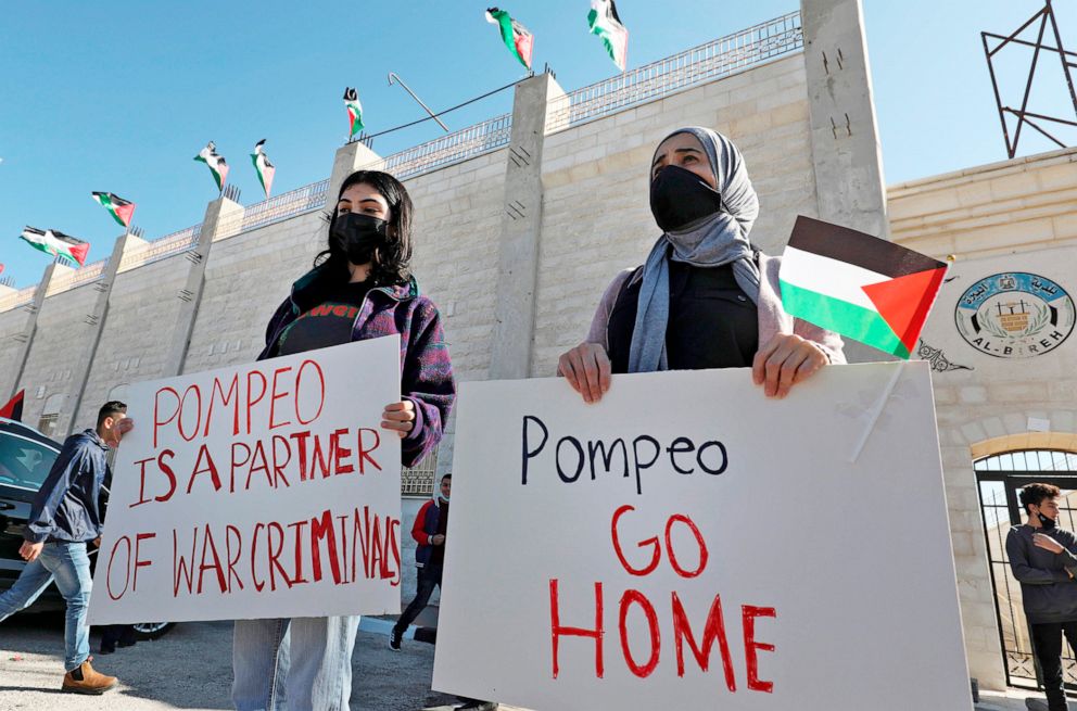 PHOTO: Palestinians demonstrate near the Israeli settlement of Psagot, built on the lands of the city of al-Bireh, against the visit by US Secretary of State Mike Pompeo to the settlement, on Nov. 18, 2020, in the occupied West Bank.