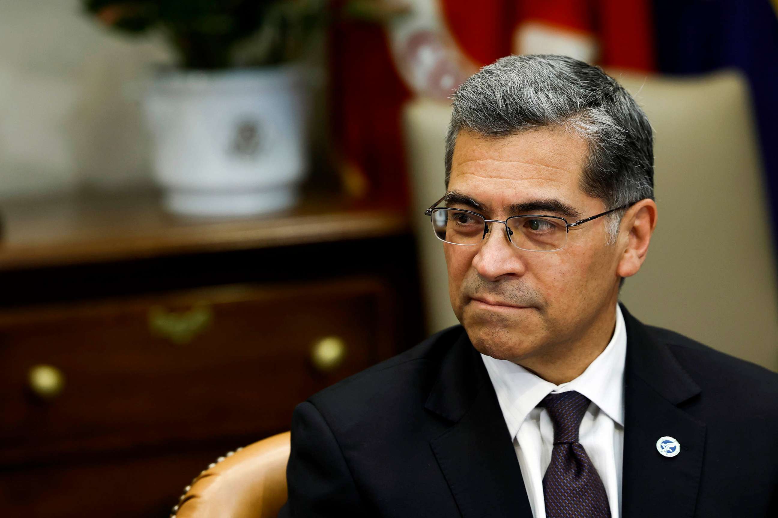 PHOTO: FILE - Health and Human Services Secretary Xavier Becerra listens in a meeting in the Roosevelt Room of the White House, April 12, 2023 in Washington, DC.
