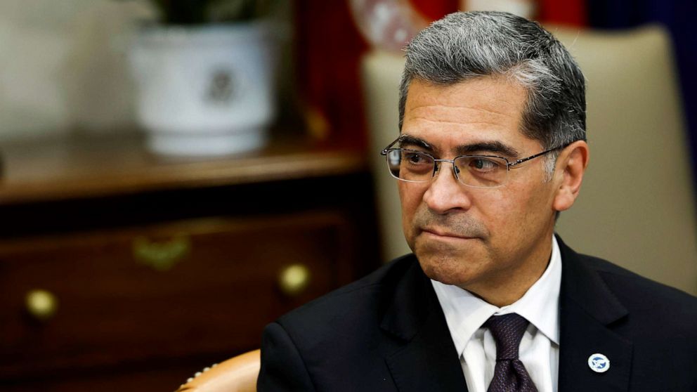 PHOTO: FILE - Health and Human Services Secretary Xavier Becerra listens in a meeting in the Roosevelt Room of the White House, April 12, 2023 in Washington, DC.