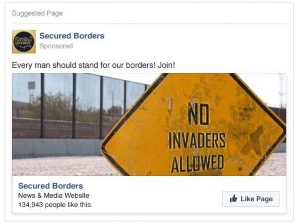 PHOTO: A screenshot of the Facebook account "Secured Borders" released by the House Intelligence Committee in November and cited in an indictment filed Friday that charges Russian individuals and companies pretended to be political groups in the U.S. 