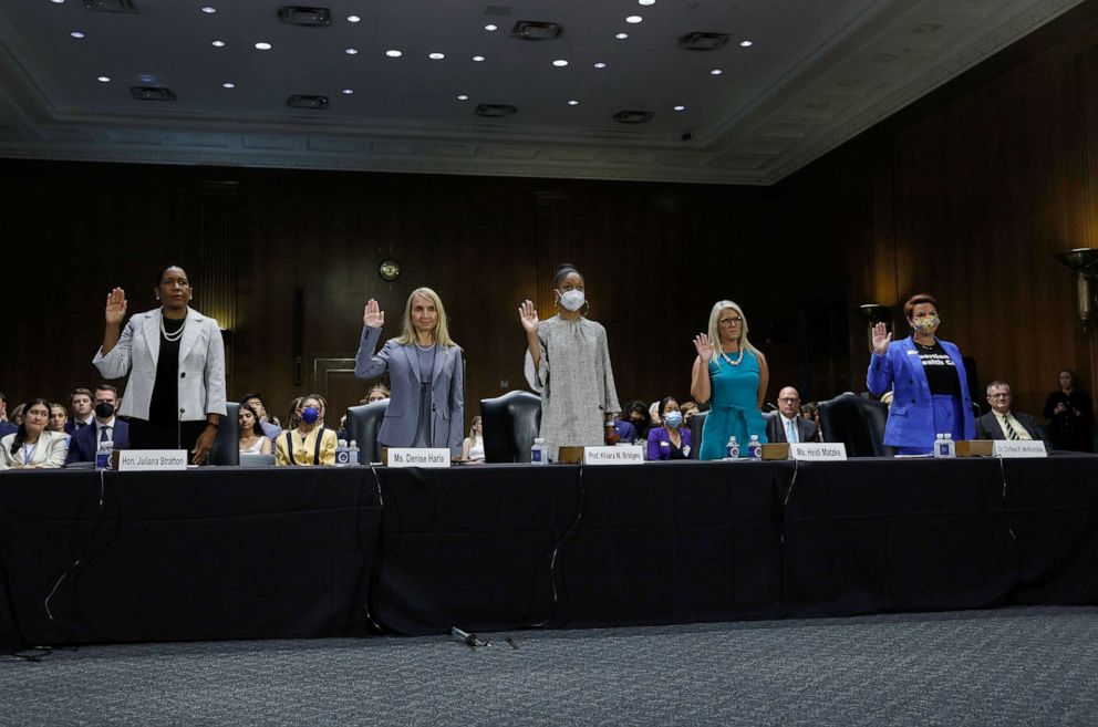 PHOTO: (L-R) Juliana Stratton, Denise Harle, Khiara Bridges, Heidi Matzke, and Dr. Colleen McNicholas, are sworn in before a hearing with the Senate Judiciary Committee in the Dirksen Senate Office Building on July 12, 2022, in Washington, D.C.